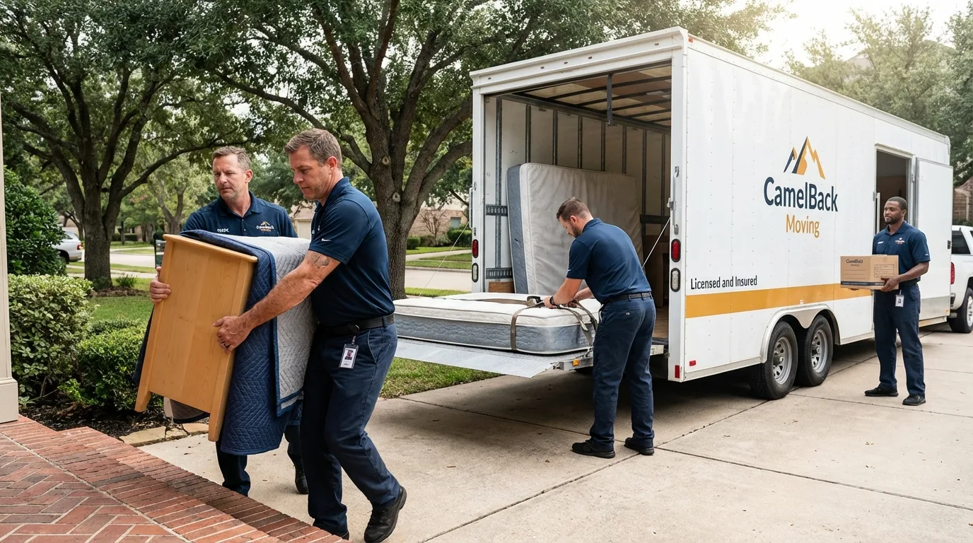 Crew loading residential truck for cross-state move from Sauk Centre, MN