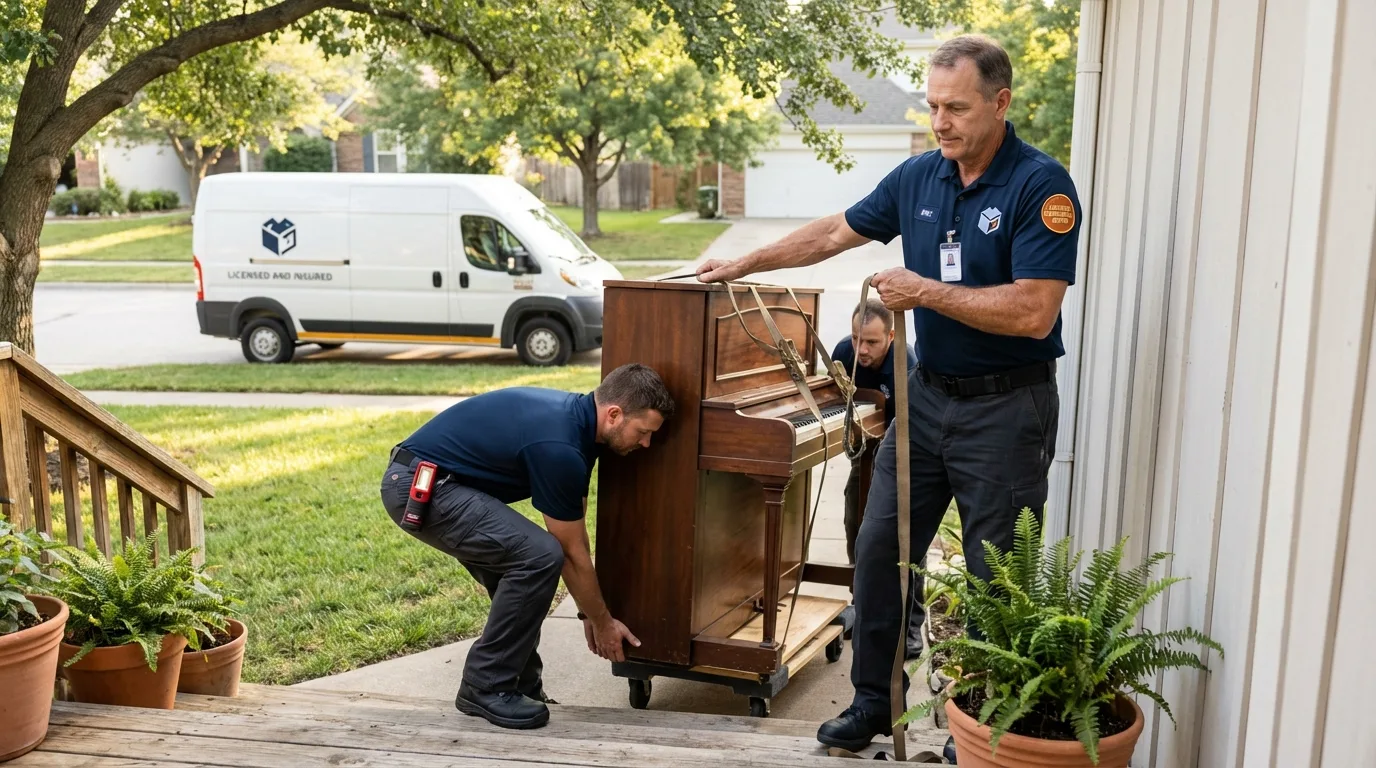 Licensed piano movers securing grand piano in Sauk Centre, MN