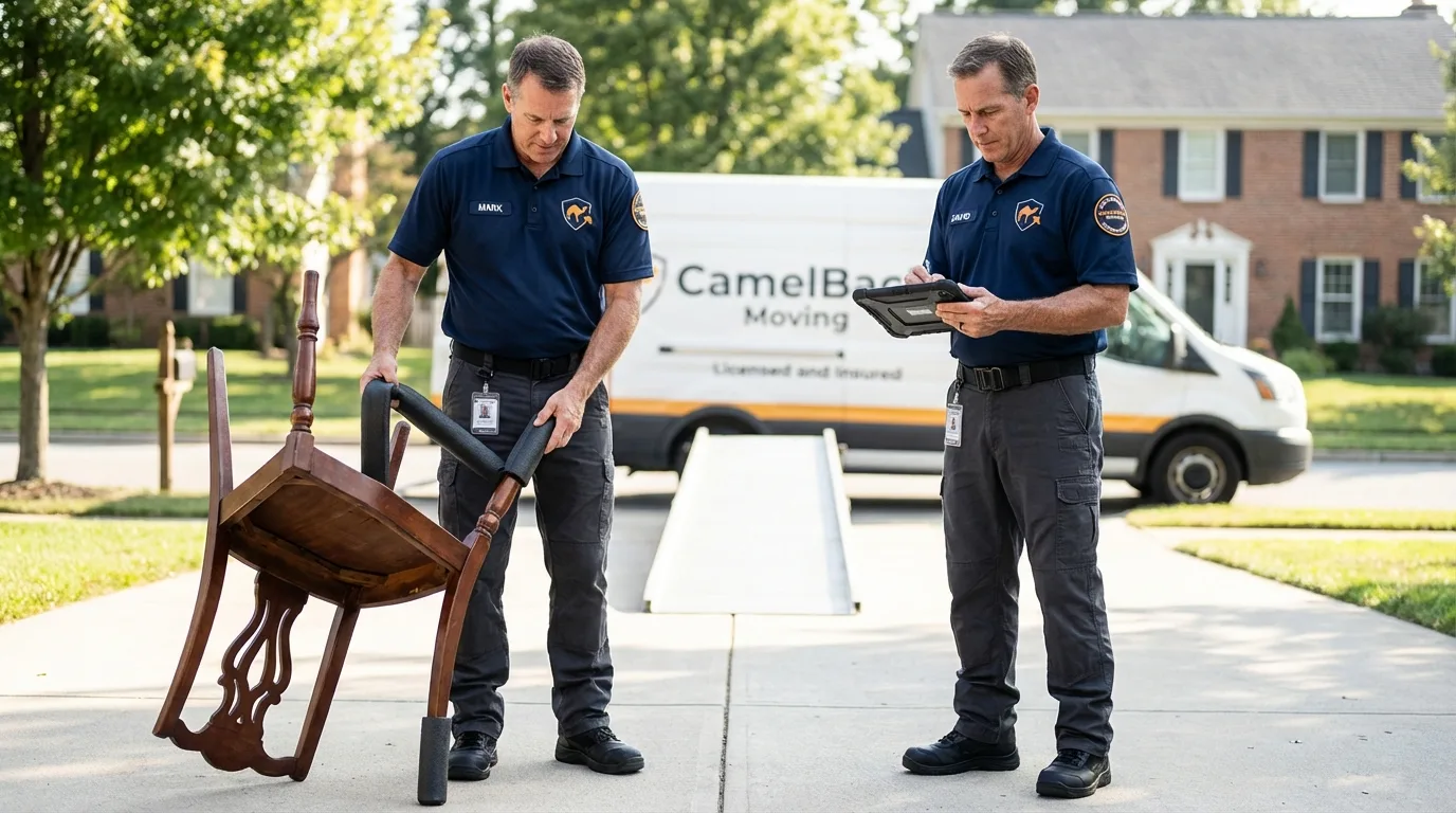 Movers inspecting furniture for damage prevention before loading in Sauk Centre, MN