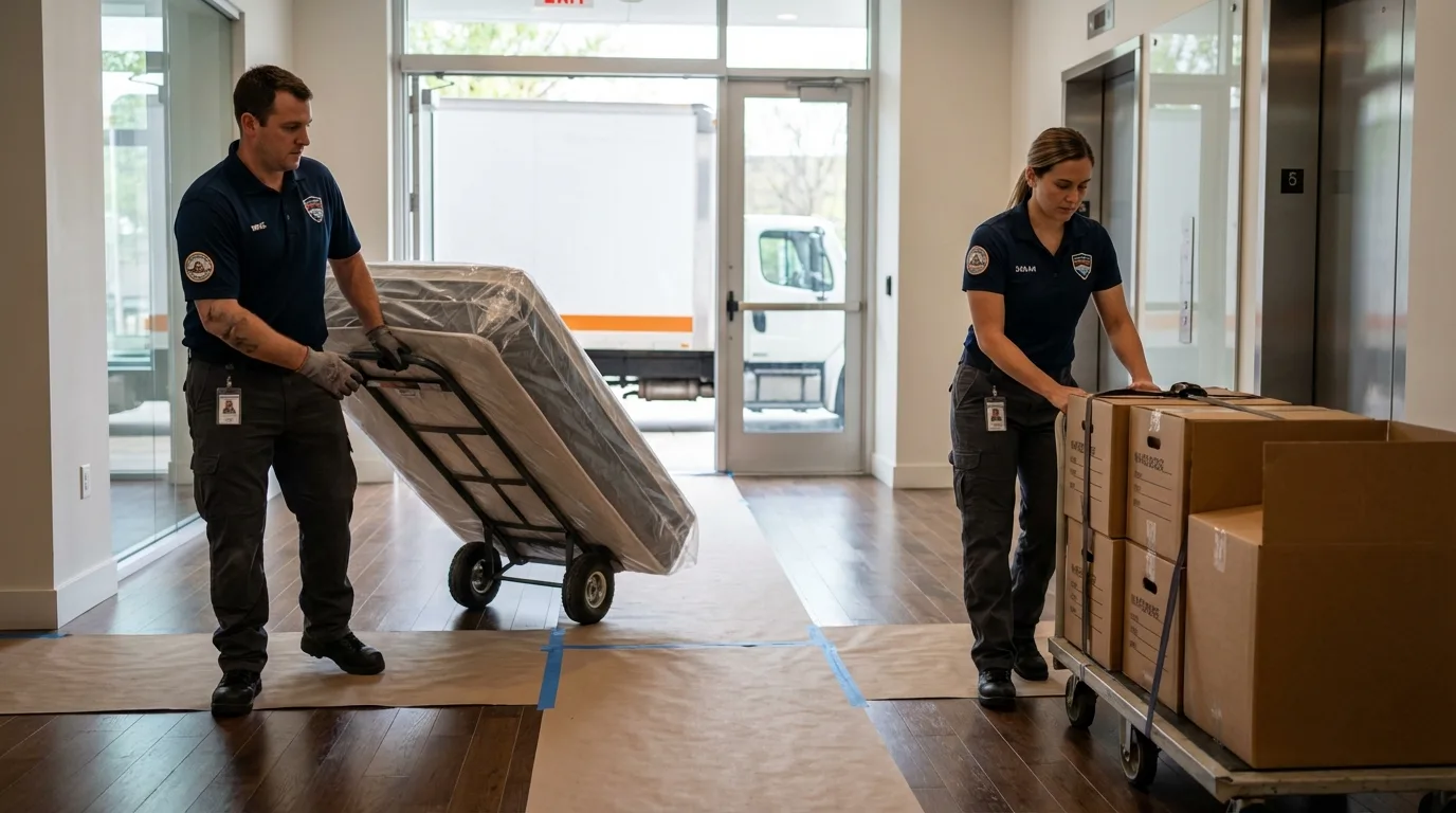Professional apartment movers loading elevator in Sauk Centre, MN