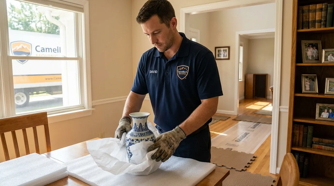 Professional crew carefully wrapping antique vase for senior downsizing move in Sauk Centre, MN
